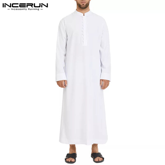 Muslim Men Jubba Thobe Long Sleeve Solid Color Breathable Robes 2023 Stand Collar Islamic Arabic Kaftan Men Abaya S-5XL INCERUN