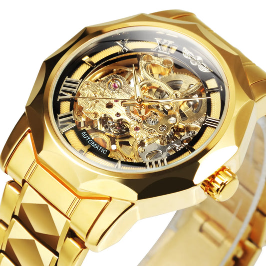 WINNER Luxury Skeleton Mechanical Watch for Men Golden Royal Dodecagon Case Carved Movement Stainless Steel Strap Luminous Hands