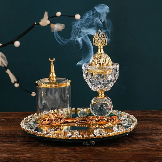 New Home Decoration Round Crystal Gold Aromatherapy Stove Three-piece Arabic Incense Burner Set