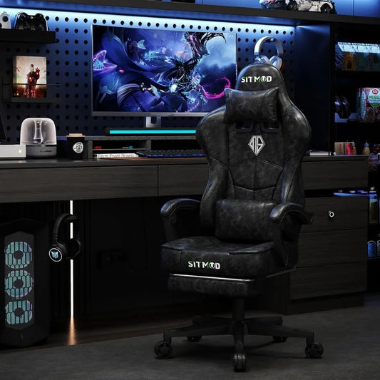 Gaming with Footrest Big and Tall Ergonomic Video Gamer Chair Computer Office Chair PU Leather Height Adjustable Swivel Chair
