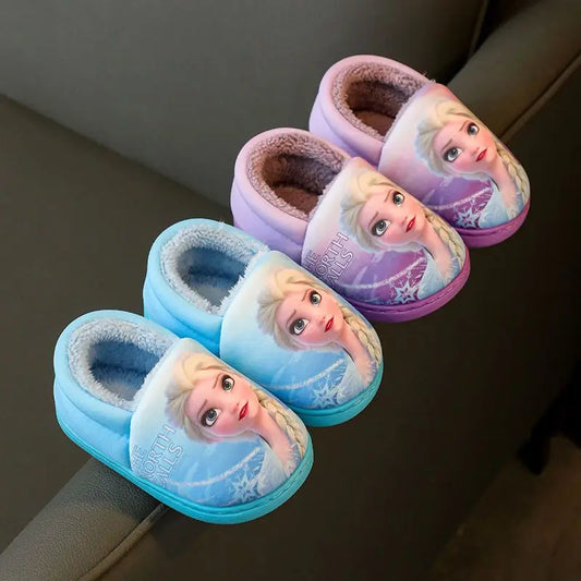 Disney Princess Elsa Winter Children's Heel Cotton Slippers Girls' Warm Frozen Kids' Cotton Black Purple Flats Shoes Size 24-40