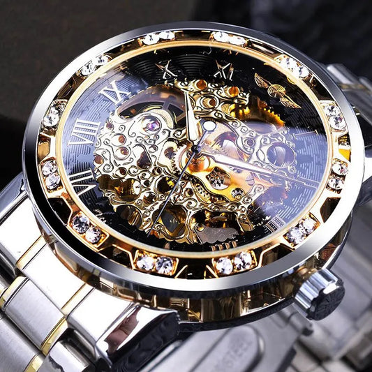 Men Mechanical Skeleton Wrist Watch 1pc Silver Exquisite Diamond Gear Movement Business Luxury Gift