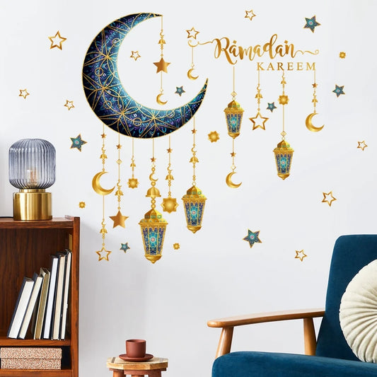 2024 Ramadan Kareem Wall Stickers Moon Star Lantern Wall Decal Eid Mubarak Decorations for Home Muslim Islamic Window Sticker