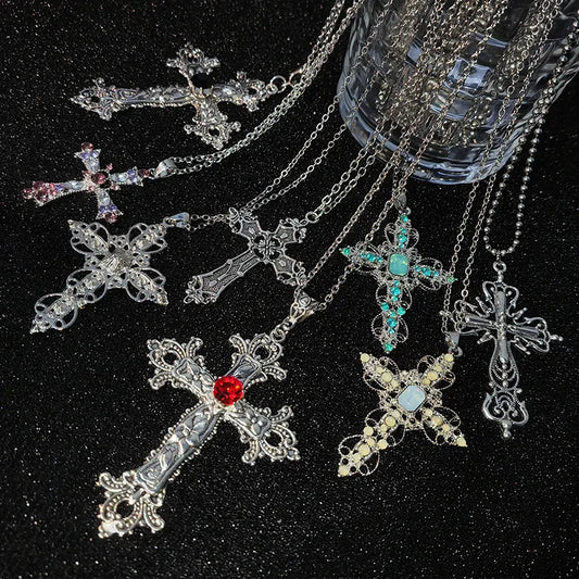 Y2K Punk Crystal Big Cross Pendant Necklaces for Women Men Gothic Irregular Cross Clavicle Chain Necklaces Aesthetic Jewelry