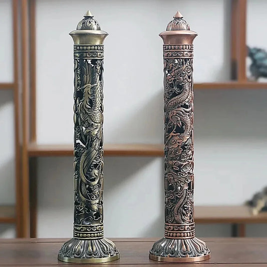 Retro Column Vertical Incense Burner Zen Buddha Heart Sutra Dragon Phoenix Vintage Pillar Incense Stick Holder Traditional Decor