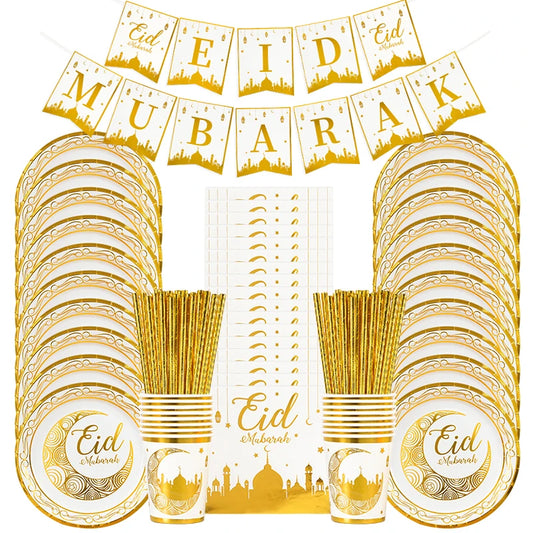 Eid Mubarak Disposable Tableware Gold Plate Cup Banner Gift Bags Islamic Muslim Party Supplies 2024 Ramadan Kareem Decorations