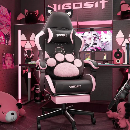 Cute Gaming Chair with Cat Paw Lumbar Cushion and Cat Ears,Ergonomic Computer Chair with Reclining PC Game Chair for Girl, Teen