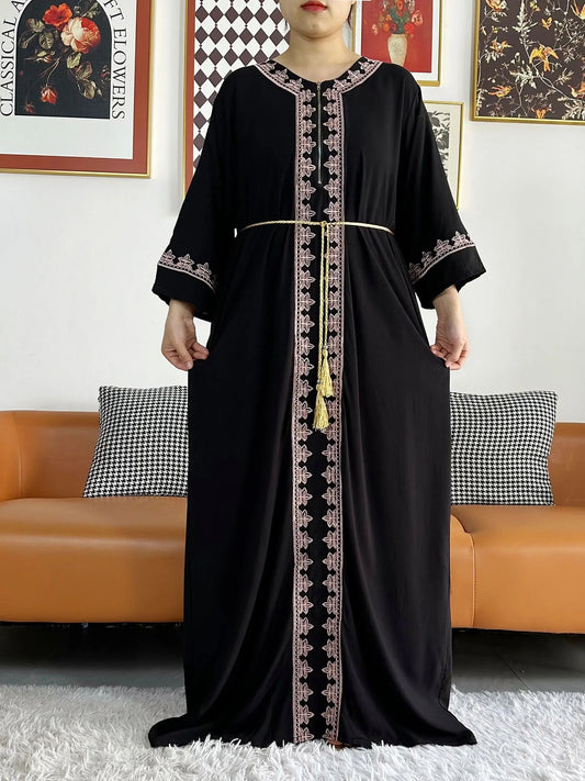 2024 Latest Muslim Dress Embroidery Solid Color Cotton Long Sleeve Loose Dress Muslim African Women Islamic Clothing with Belt