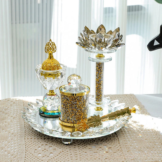 Four Piece Incense Burner Set Bright Diamond Lotus Aromatherapy Stove Set Home Decoration Arabic Crystal Incense Burner