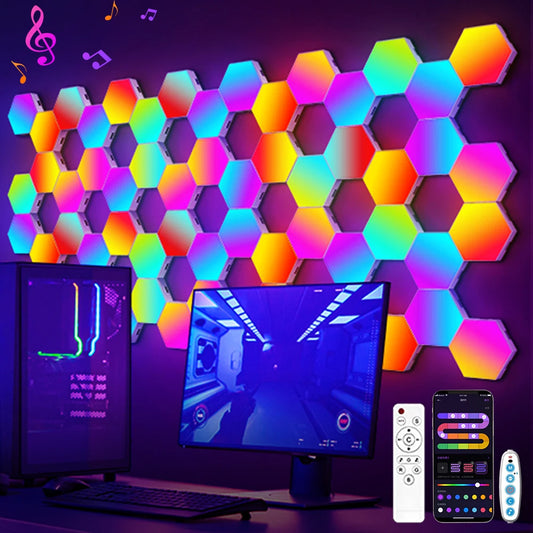 Fivemi 20 Pack Hexagon Lights Wall RGB Panel Smart APP Hexagonal Modular Gaming Lights Night  Music Sync Honeycomb Light Bedroom